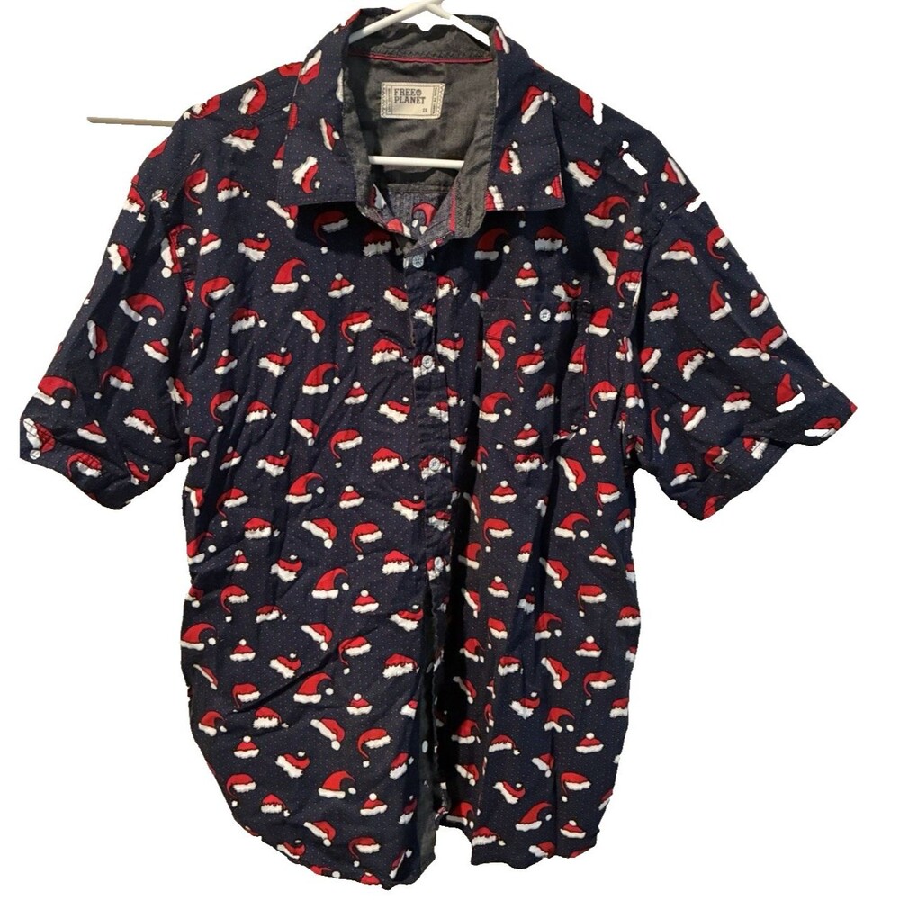 Free Planet Men's Christmas Shirt Navy Santa Hat Button Down 100% Cotton 2X